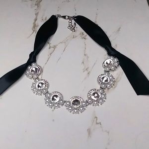 Crystal Beaded Pearl Silver Tone Ribbon Necklace